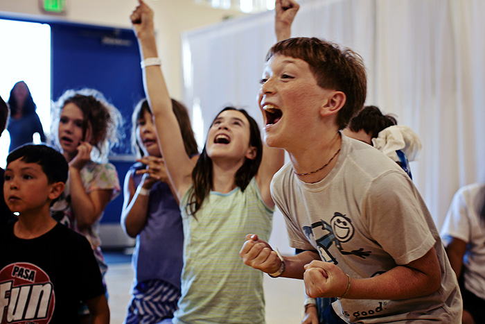 Campers at Steve and Kate’s Camp in Portola Valley cheer at the Gameshow