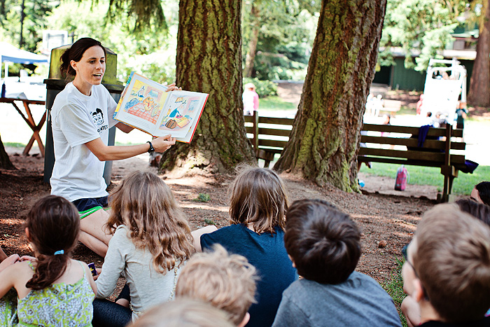Steve and Kate’s Camp in Bellevue where campers are listening to stories